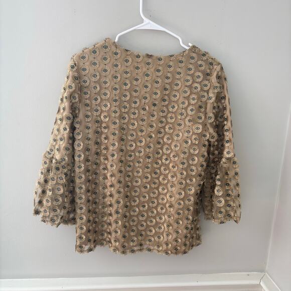 NWT Calvin Klein Embroidered Mesh Top Gold and Peacock Blue Bell Sleeves Size M - Picture 8 of 8